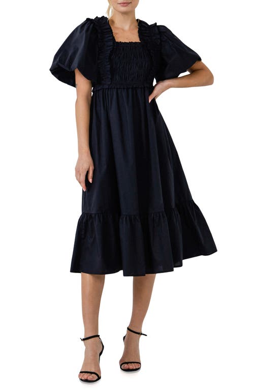 Ruffle Smocked Cotton Dress in Black