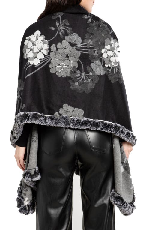 Saachi Floral Reversible Scarf With Faux Fur Trim In Black