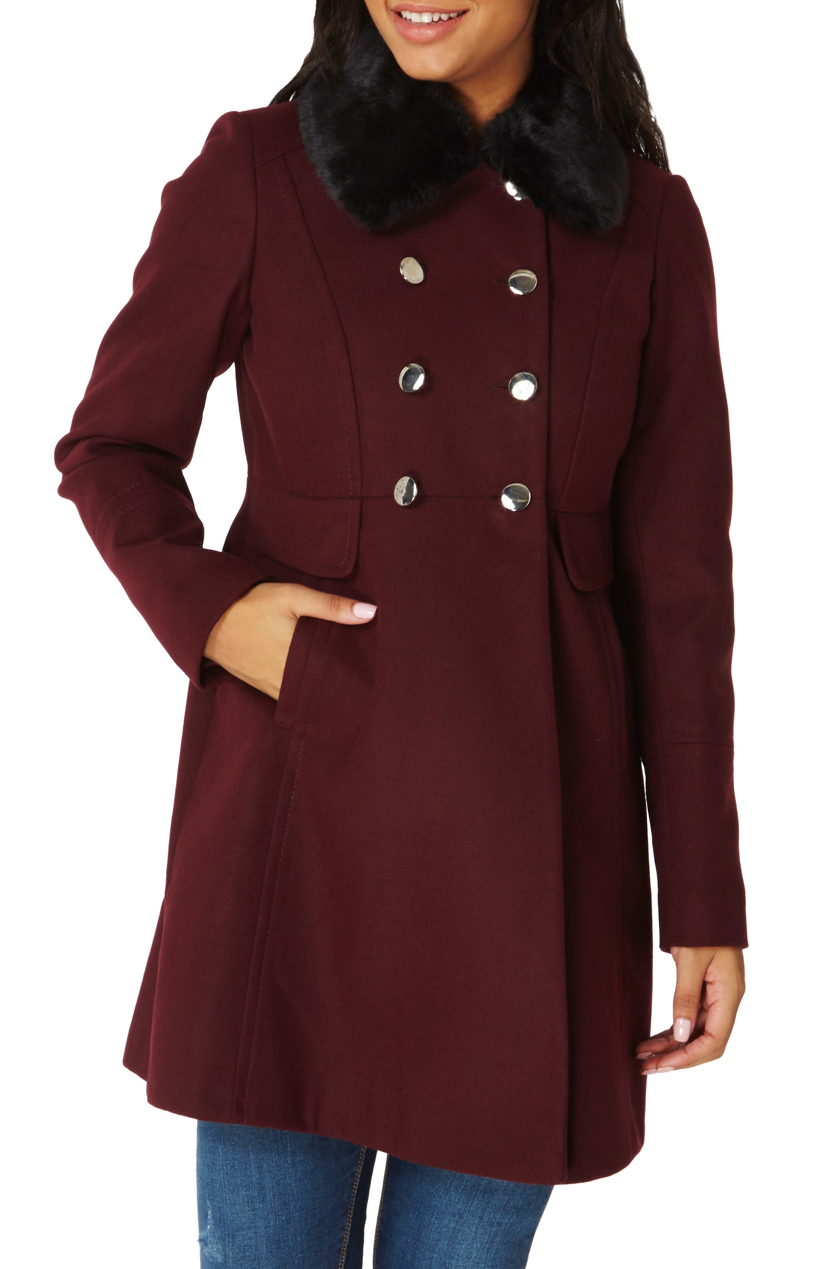 Dorothy Perkins Faux Fur Collar Double Breasted Coat Nordstrom