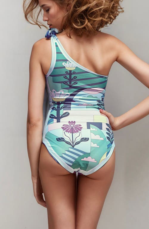 Shop Jessie Zhao New York Dream Like Reversible One-shoulder One-piece Swimsuit In Blue/green