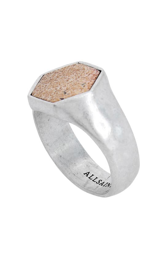 Shop Allsaints Leopard Skin Jasper Stone Hexagon Signet Ring In Warm Silver
