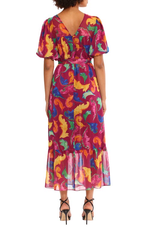 Shop Donna Morgan For Maggy Floral Tiered Puff Sleeve Tie Waist Dress In Ripe Plum/azalea