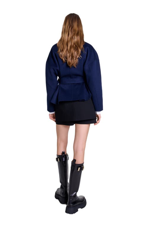 Shop Maje Belted Short Wool Coat In Navy