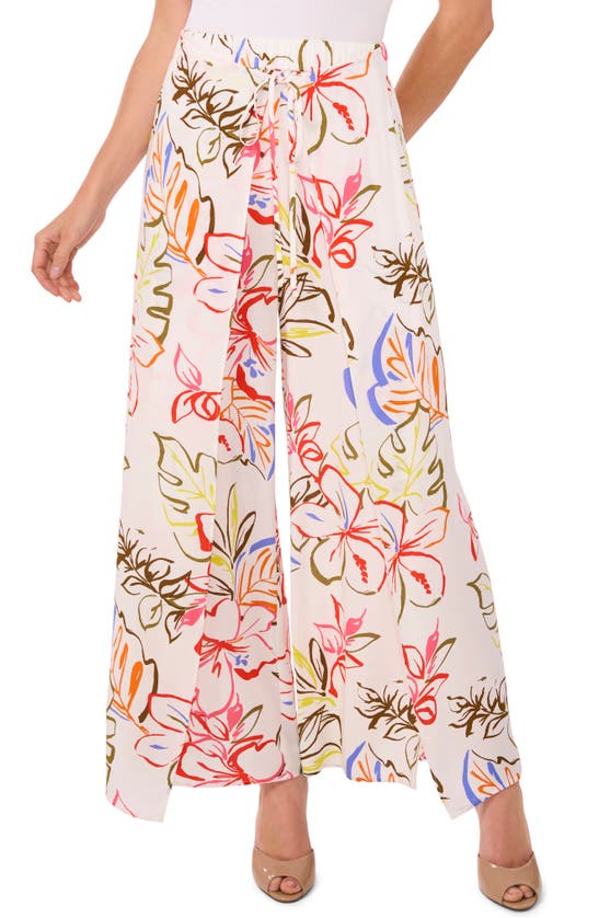 Cece Womens Ruffled Cuff 3 4 Sleeve Crew Neck Blouse Tropical Print Self Tie Overlap Pants In New Ivory