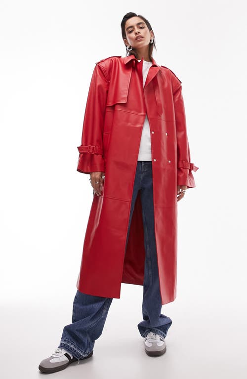 Belted Faux Leather Trench Coat in Red