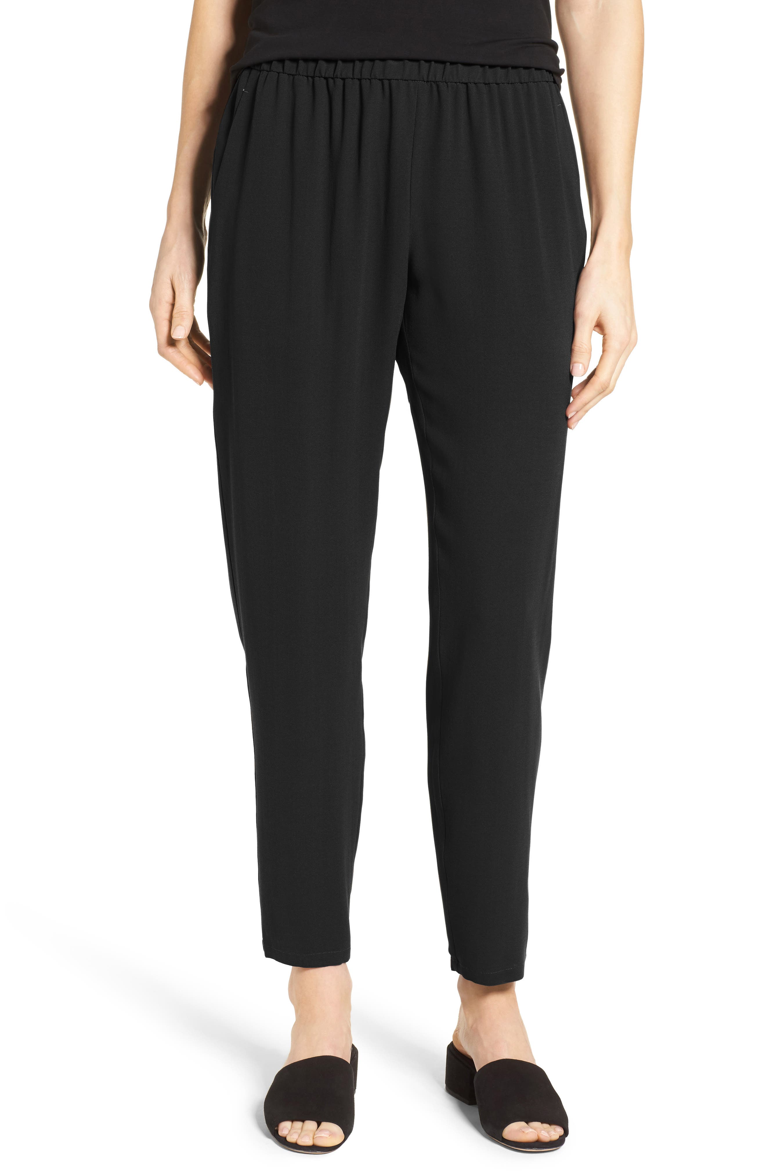 Eileen Fisher Slouchy Silk Crepe Ankle Pants In Black
