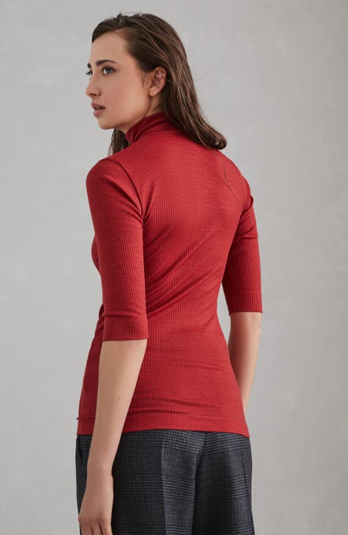 Shop Brunello Cucinelli Ribbed Wool Jersey Turtleneck T-shirt With Precious Half Zip In Red