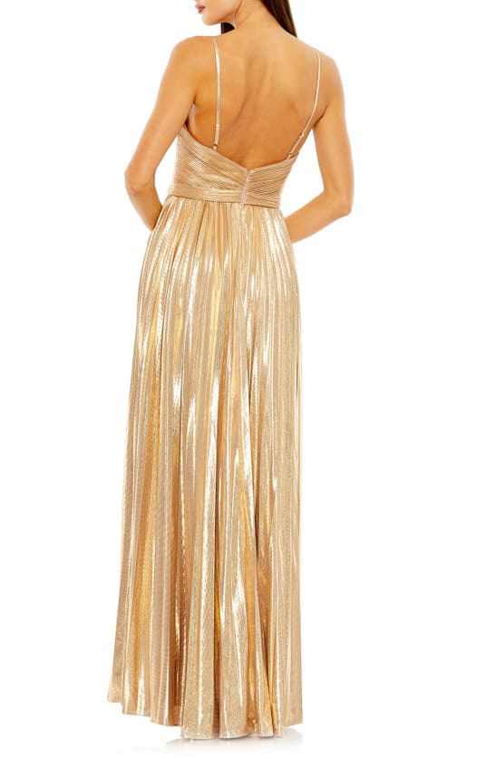 Shop Ieena For Mac Duggal Metallic Pleated Gown In Gold