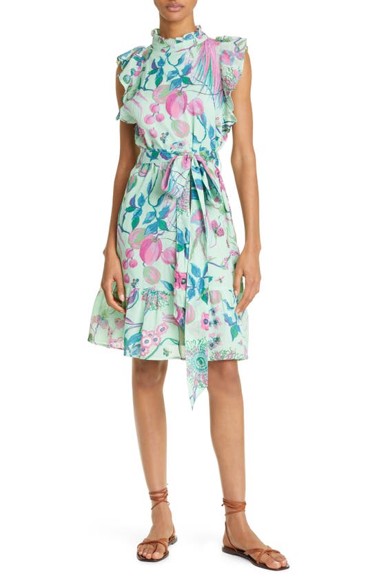 Banjanan Bulbul Floral Belted Cotton Voile Dress In Patina