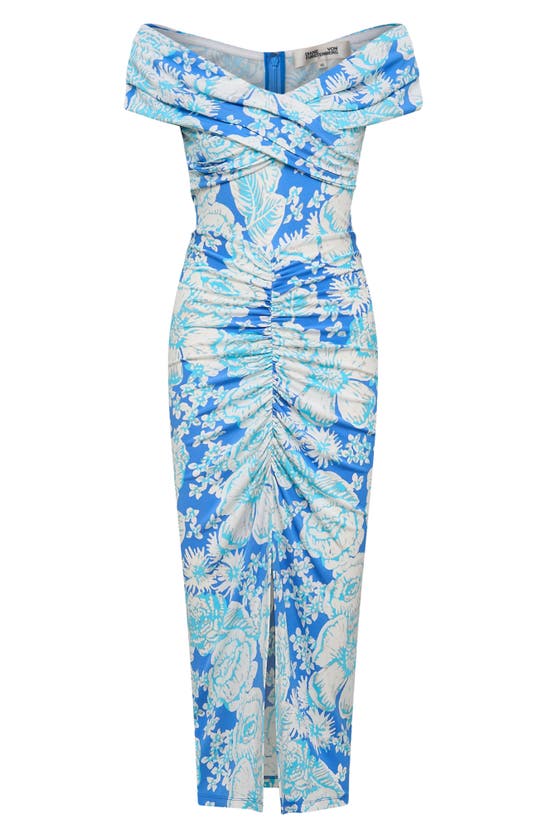 Shop Dvf Stephen Floral Portrait Neck Midi Dress In June Bloom Blue