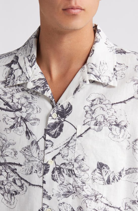 Shop Treasure & Bond Woodcut Floral Linen & Cotton Camp Shirt In Ivory- Navy Woodcut Floral