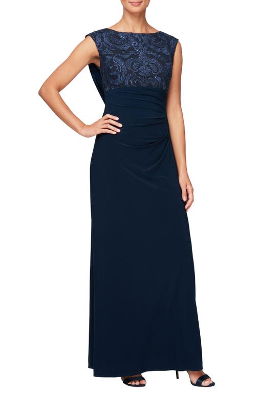 Alex Evenings Sequin Floral Bodice Cowl Back Formal Gown in Navy