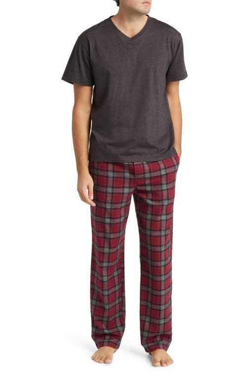 Majestic International V-neck T-shirt & Flannel Pajama Pants Set In Red