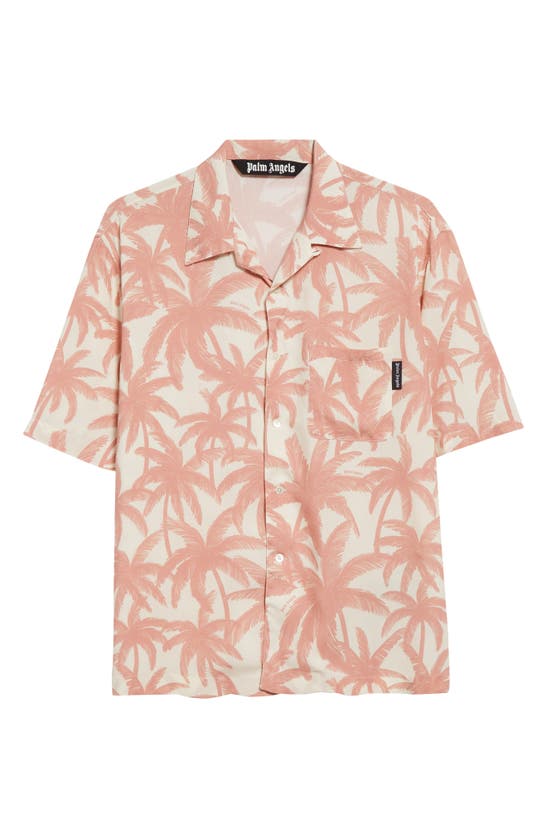 Shop Palm Angels Palm Print Short Sleeve Button-up Camp Shirt In Off White Pink