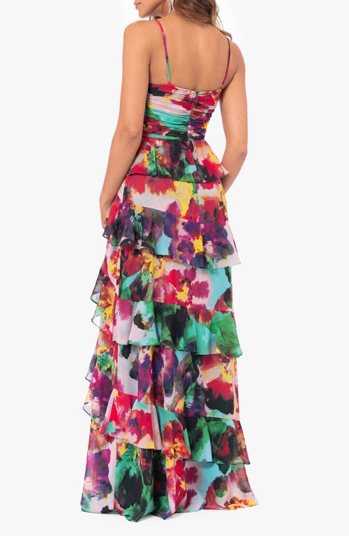 Shop Xscape Evenings Tiered Ruffle Sleevless Gown In Green/multi