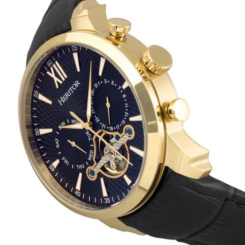 Heritor Automatic Arthur Semi-skeleton Leather-band Watch W/ Day/date In Gold/black