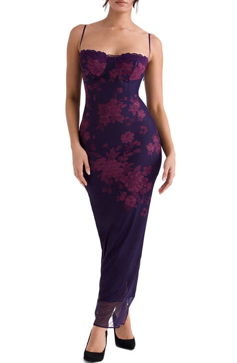 Purple Lace Frill Cuff Corset Detail Bodycon Dress