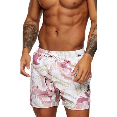 Topman Crane Print Swim Trunks, Pink