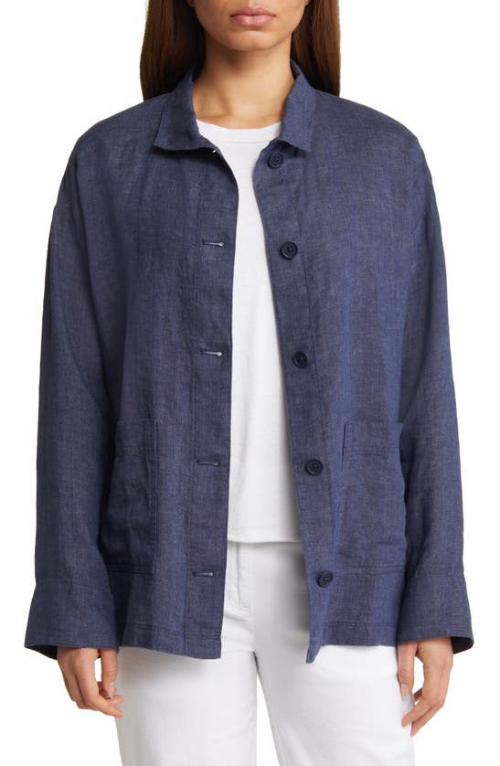 Eileen Fisher Button-down Delave Linen Shirt In Blue