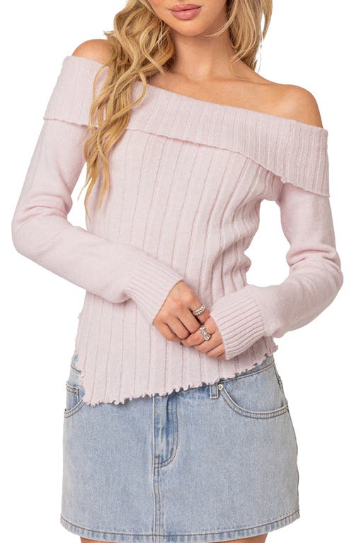 EDIKTED Sonya Foldover Off the Shoulder Rib Sweater Light-Pink at Nordstrom,