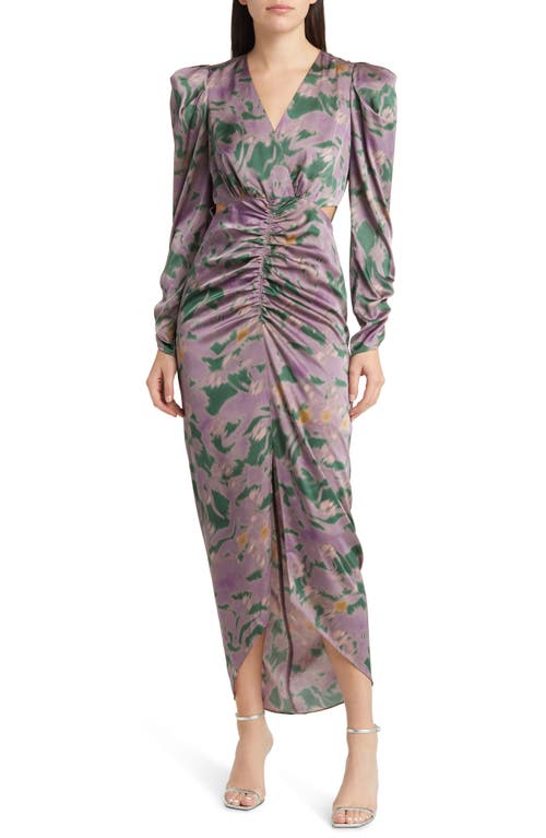 Cutout Ruched Long Sleeve Satin Dress in Plum Green Floral