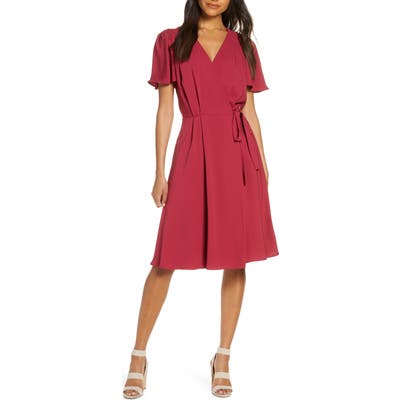 Gal Meets Glam Collection Kinsley Flutter Sleeve Wrap Dress, Red