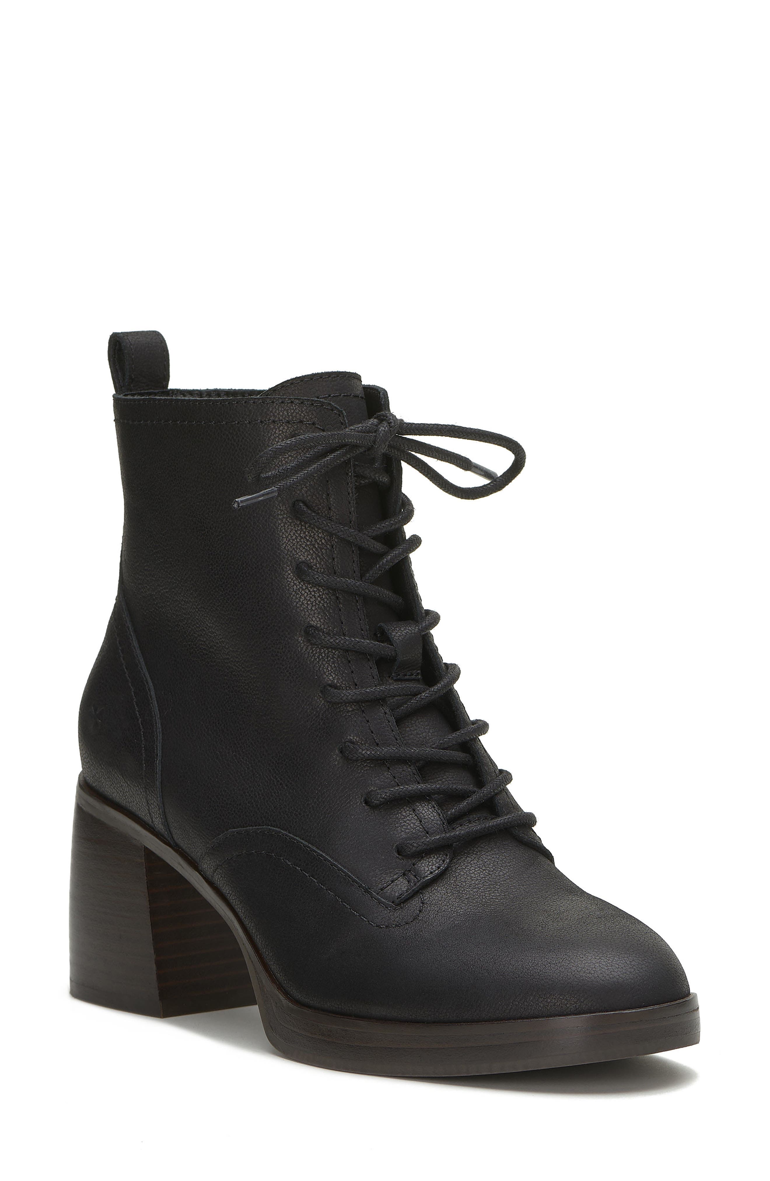 Lucky Brand Women's Qiama Lace-Up Heeled Combat Booties - Black Leather