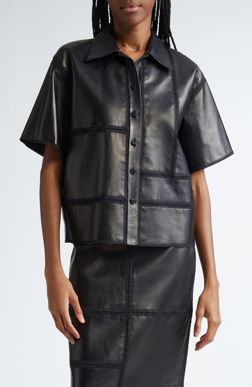 Block Panel Lambskin Leather Shirt Jacket in Black