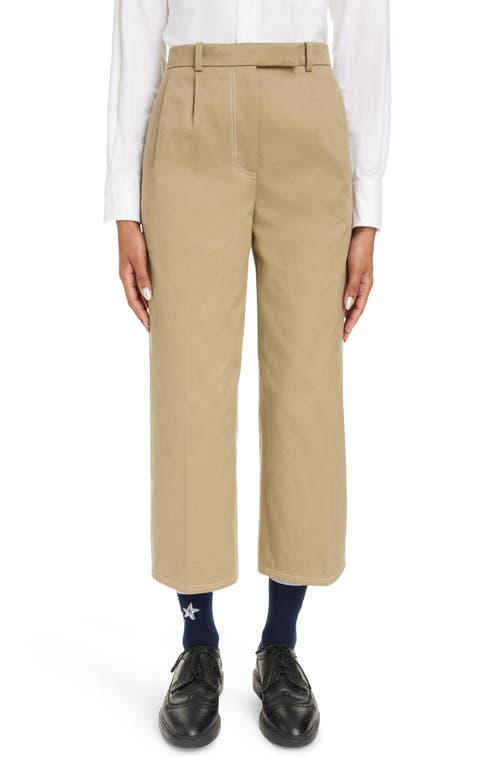 Relaxed Fit Pleated Crop Straight Leg Cotton Trousers in Camel