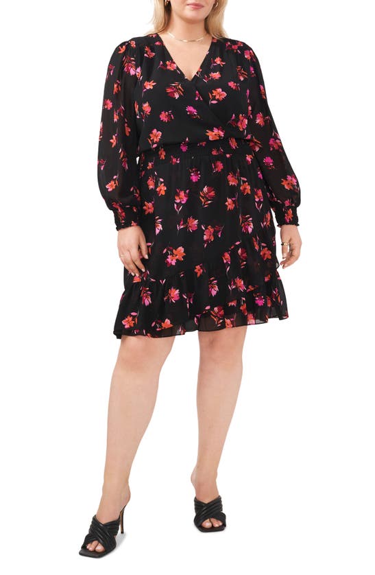 VINCE CAMUTO SMOCKED FLORAL PRINT RUFFLE LONG SLEEVE MINIDRESS