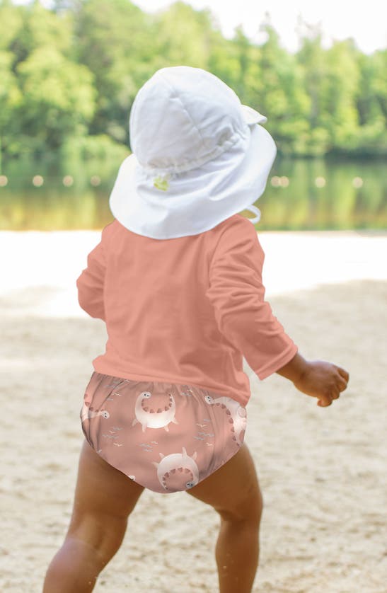 Shop Green Sprouts Long Sleeve Two-piece Rashguard Swimsuit & Sun Hat Set In Coral Dino