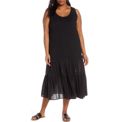 Plus Size Caslon Mix Media Drop Waist Midi Dress, Black