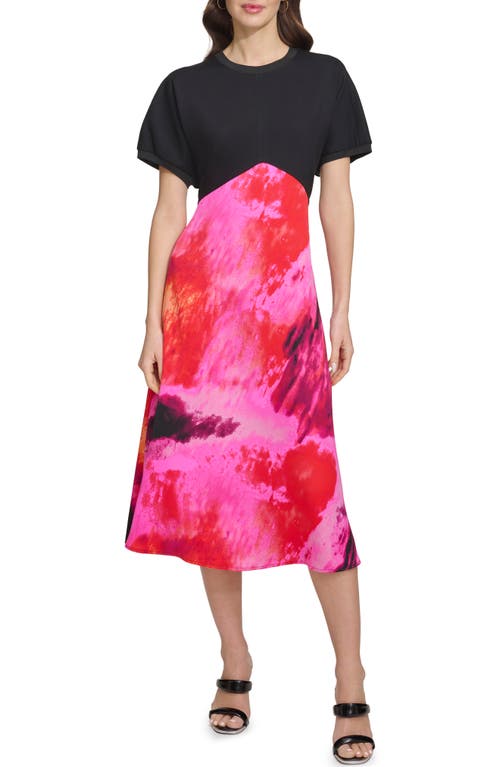 Shop Dkny Mixed Media Satin Midi Dress In Black/shocking Pink Multi