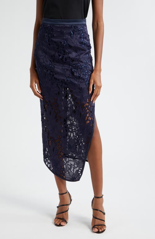Irene Floral Lace Asymmetric Skirt in Navy Sateen Floral Cutout