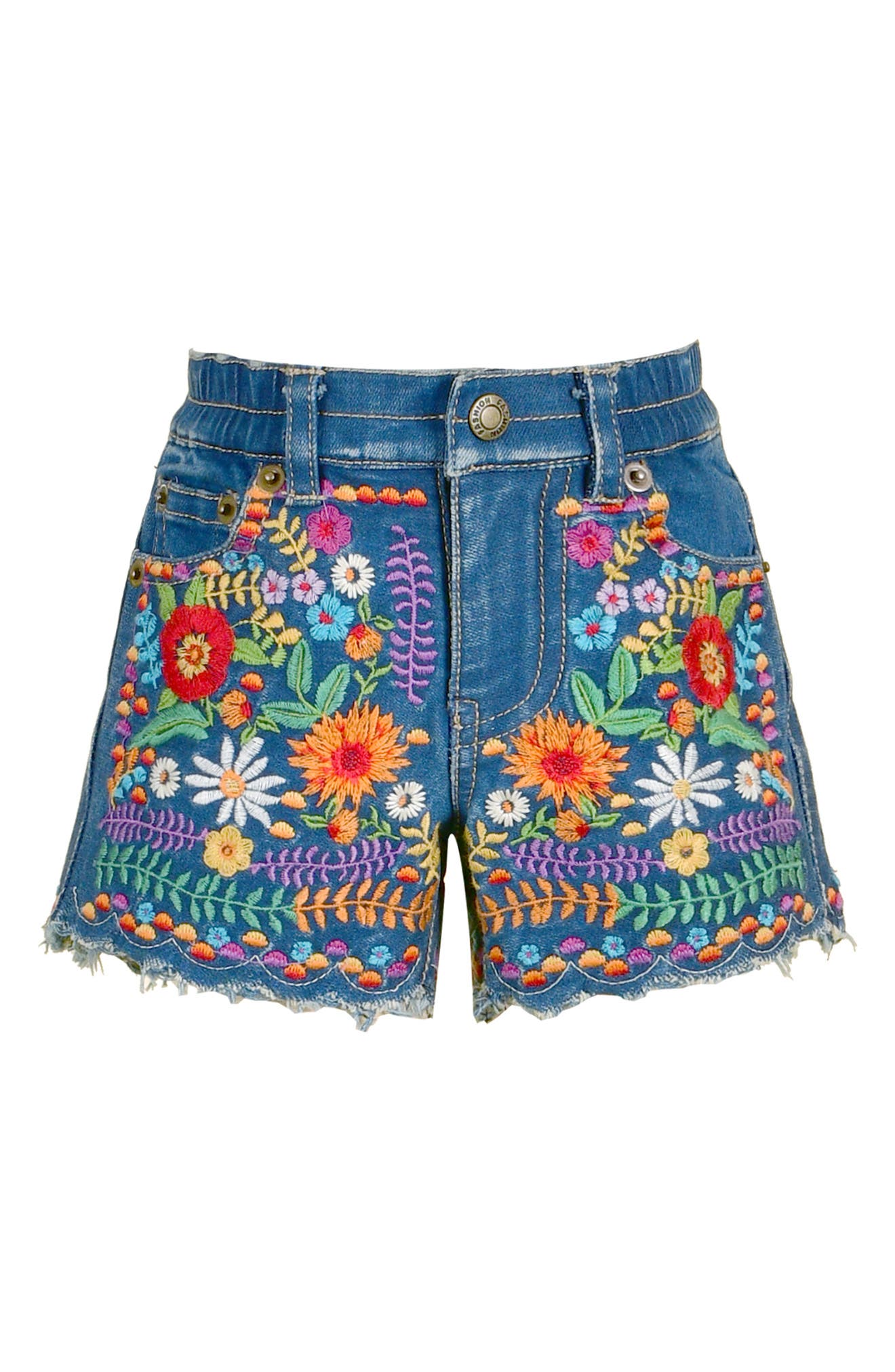 Baby Sara Embroidered Denim Shorts In Blue/mul