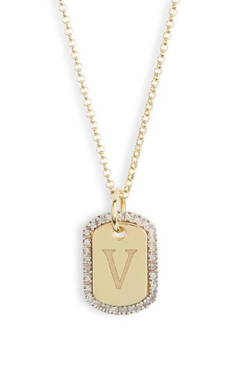 Meshmerise Diamond Initial Dog Tag Pendant Necklace In Gold