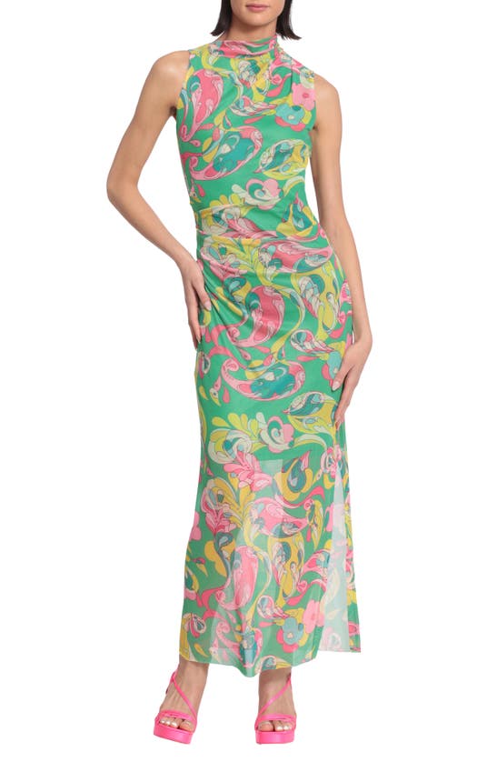 Donna Morgan For Maggy Asymmetric Ruched Semisheer Midi Dress In Absinthe Green/ Pink