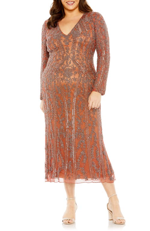Embellished Long Sleeve Midi Cocktail Dress in Rosewood