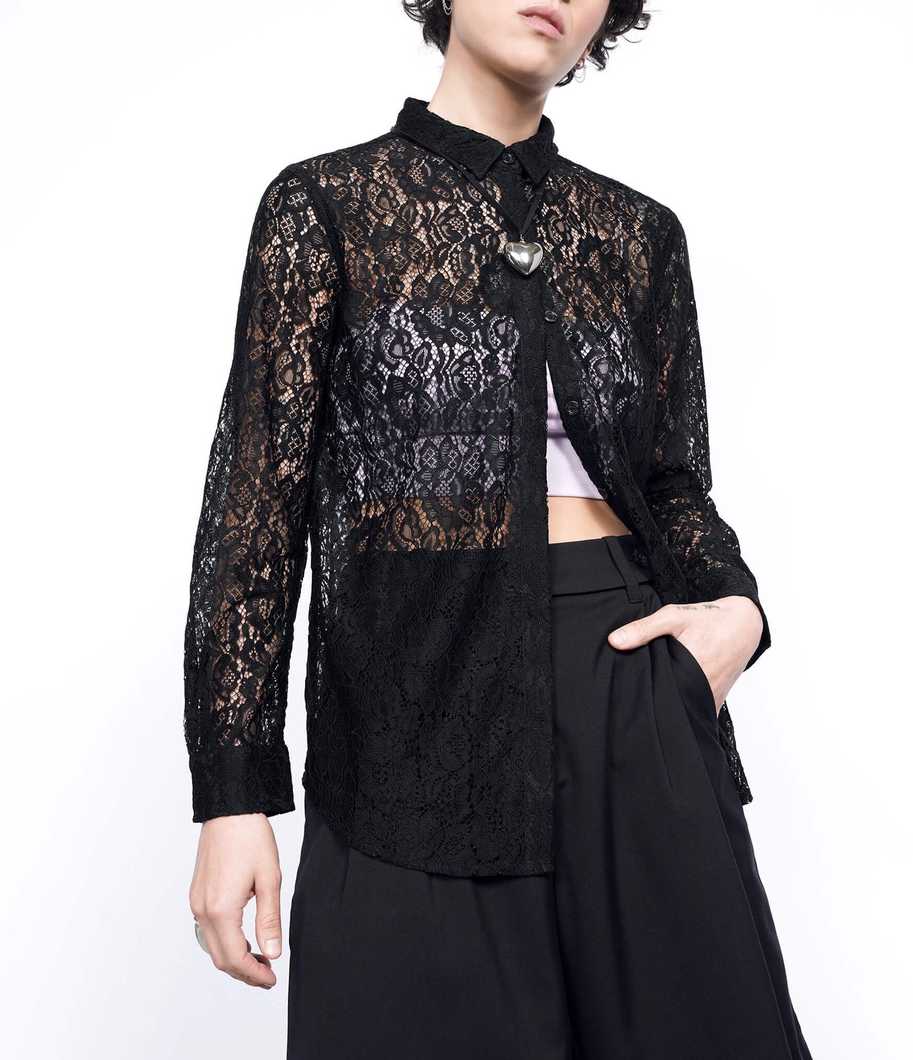 WILDFANG The Empower Long Sleeve Button Up in Black Lace Cover