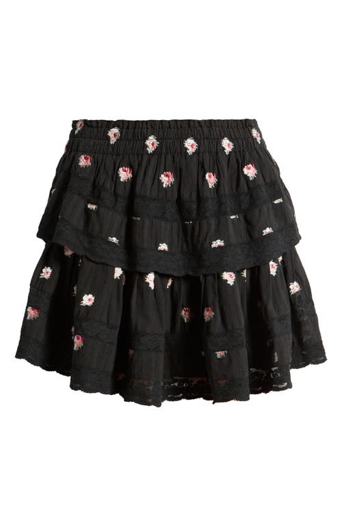 Shop Loveshackfancy Floral Embroidered Tiered Miniskirt In Black Combo