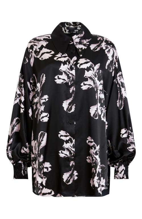 Shop Allsaints Charli Floral Satin Button-up Shirt In Monica Black