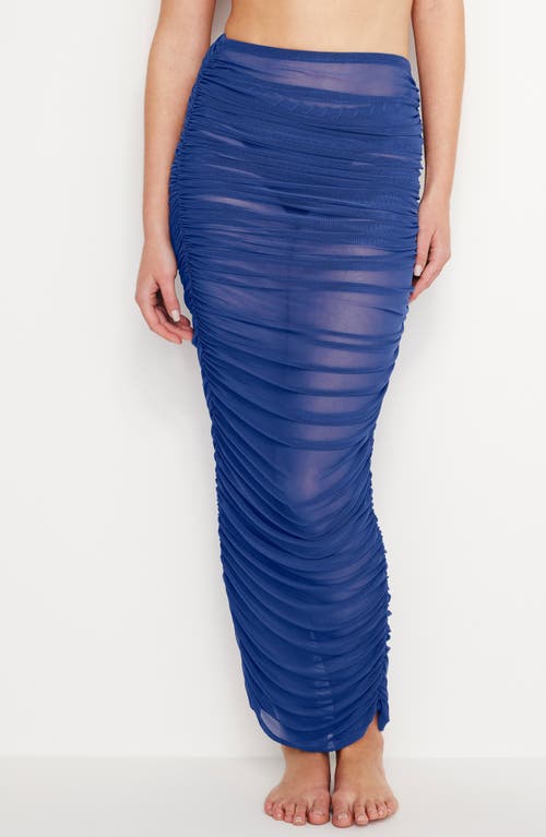 Shop Good American Ruched Mesh Cover-up Maxi Skirt In Capri Blue004