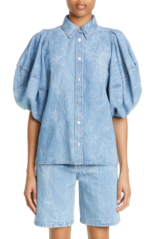 Stella McCartney Puff Sleeve Crinkled Denim Button-Up Shirt in 4256 - Crinkle Blue