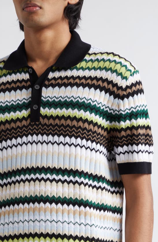 Shop Missoni Chevron Knit Short Sleeve Polo Sweater In Green Beige Tones
