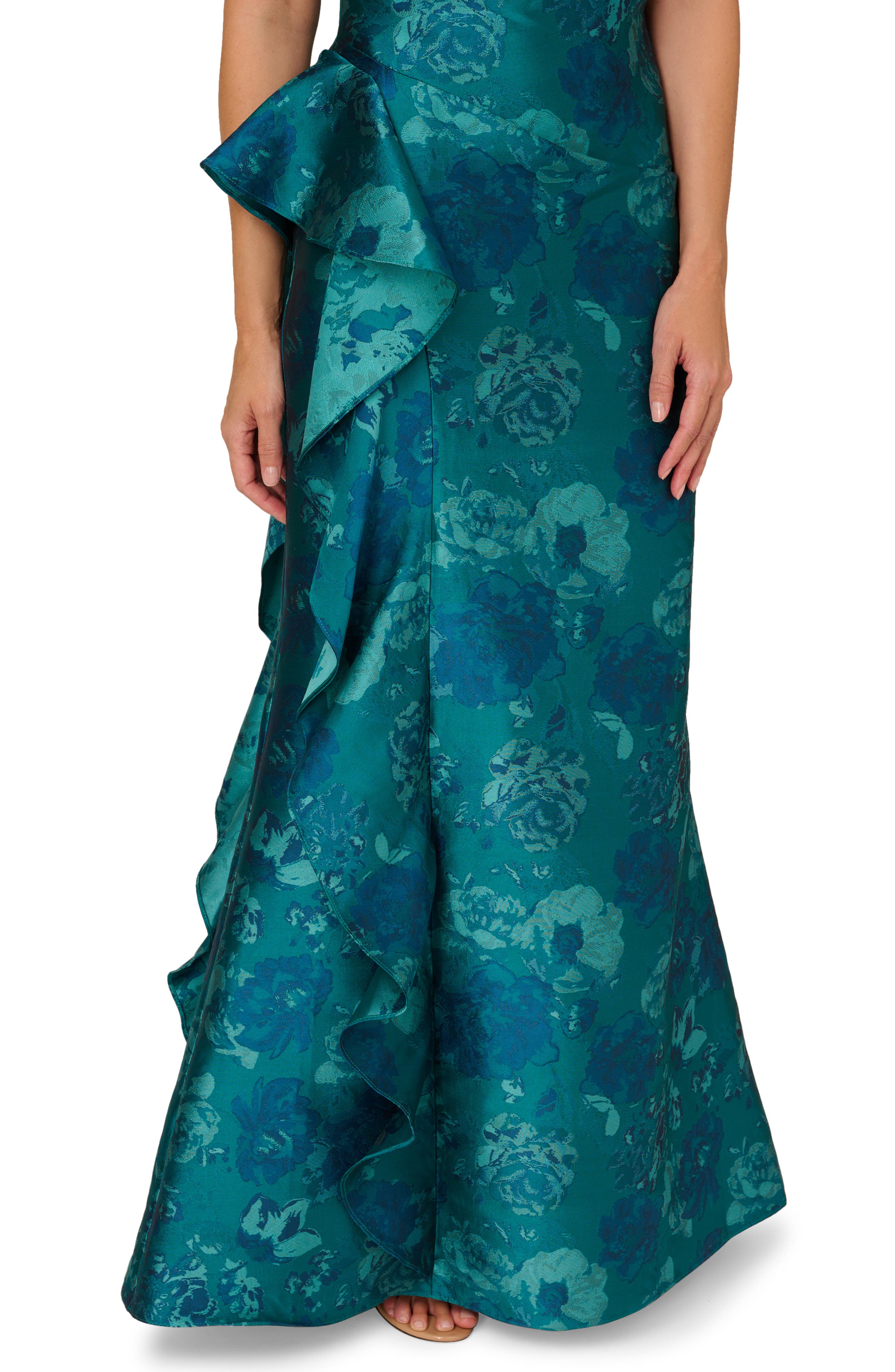 Adrianna Papell Ruffle Off the Shoulder Jacquard Mermaid Gown in