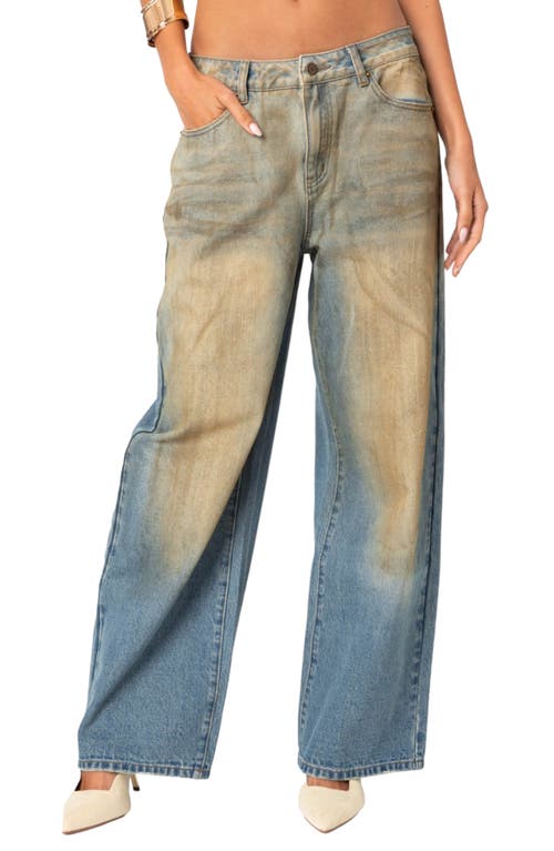 Shop Edikted Muddy Wash Wide Leg Jeans In Blue-washed