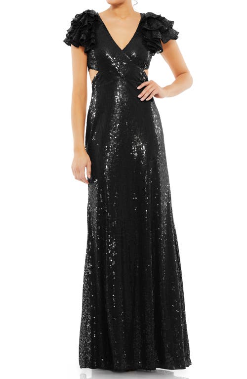 Mac Duggal Ruffle Shoulder Sequin Embellished Gown Black at Nordstrom,