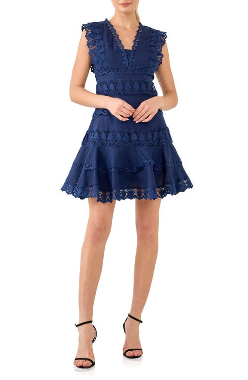 Plunge Neck Tiered Lace Linen & Cotton Dress in Navy
