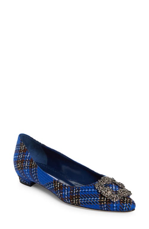 Shop Manolo Blahnik Hangisi Crystal Buckle Pointed Toe Virgin Wool Flat In Blue Tartan