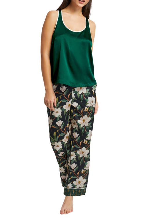 Shop Inej Magnolia Racerback Washable Stretch Silk Pocket Pajamas In Magnolia Print/emerald Green